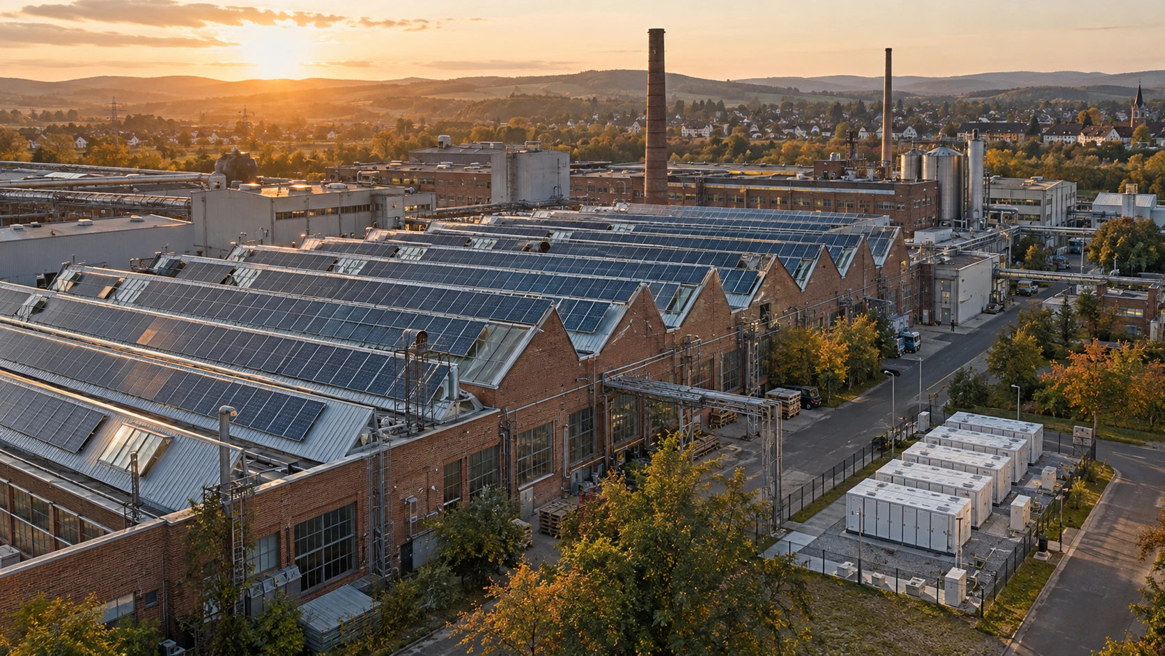 Illustrative Industrieanlage mit Photovoltaik und Batteriespeichern.